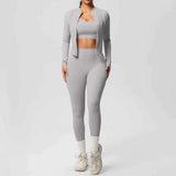 Women’s 3-Piece Gym Set Zip Front Square Neck High Waist – Fitness Studio Sessions