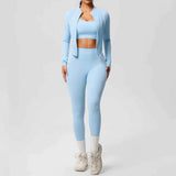 Women’s 3-Piece Gym Set Zip Front Square Neck High Waist – Fitness Studio Sessions