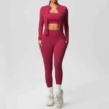 Women’s 3-Piece Gym Set Zip Front Square Neck High Waist – Fitness Studio Sessions
