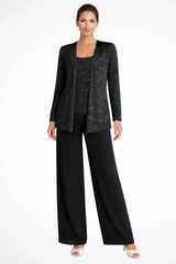 Women’s 3-Piece Suit Set Open Front Sequin Top Wide-Leg Pants – Evening Receptions