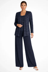 Women’s 3-Piece Suit Set Open Front Sequin Top Wide-Leg Pants – Evening Receptions