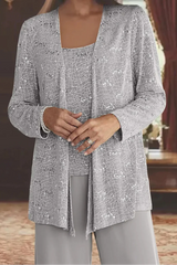Women’s 3-Piece Suit Set Open Front Sequin Top Wide-Leg Pants – Evening Receptions