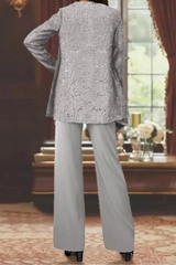 Women’s 3-Piece Suit Set Open Front Sequin Top Wide-Leg Pants – Evening Receptions