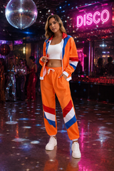 Women's 80s Vintage Disco Costume Zip Front Two-Piece – Halloween Retro Party