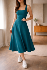 Women's A-Line Midi Dress Square Neck Wide Strap – Wedding Guest Reception