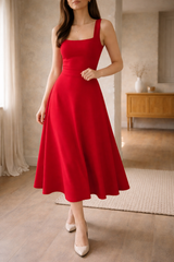 Women's A-Line Midi Dress Square Neck Wide Strap – Wedding Guest Reception