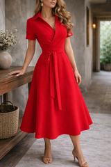 Women's A-Line Midi Dress Waist Tie Sleeved – Garden Party Reception