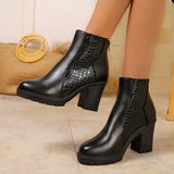 Women's Ankle Boots Croc Embossed Round Toe Chunky Block Heel – Evening Event
