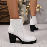 Women's Ankle Boots Croc Embossed Round Toe Chunky Block Heel – Evening Event