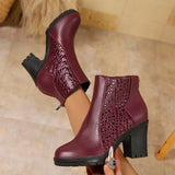 Women's Ankle Boots Croc Embossed Round Toe Chunky Block Heel – Evening Event