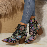 Women's Ankle Boots Floral Lace Up Pointed Toe Block Heel – Garden Party