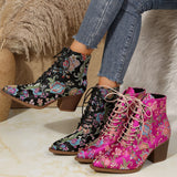 Women's Ankle Boots Floral Lace Up Pointed Toe Block Heel – Garden Party