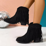 Women's Ankle Boots Western Fringe Round Toe Block Heel – Music Festival