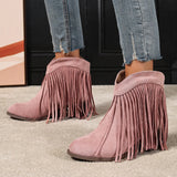 Women's Ankle Boots Western Fringe Round Toe Block Heel – Music Festival