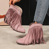 Women's Ankle Boots Western Fringe Round Toe Block Heel – Music Festival