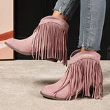 Women's Ankle Boots Western Fringe Round Toe Block Heel – Music Festival