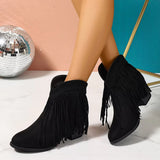 Women's Ankle Boots Western Fringe Round Toe Block Heel – Music Festival