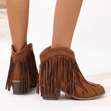 Women's Ankle Boots Western Fringe Round Toe Block Heel – Music Festival