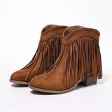 Women's Ankle Boots Western Fringe Round Toe Block Heel – Music Festival