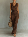 Women's Belted Maxi Dress Cowl Neck Sleeveless – Wedding Guest Reception
