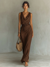 Women's Belted Maxi Dress Cowl Neck Sleeveless – Wedding Guest Reception