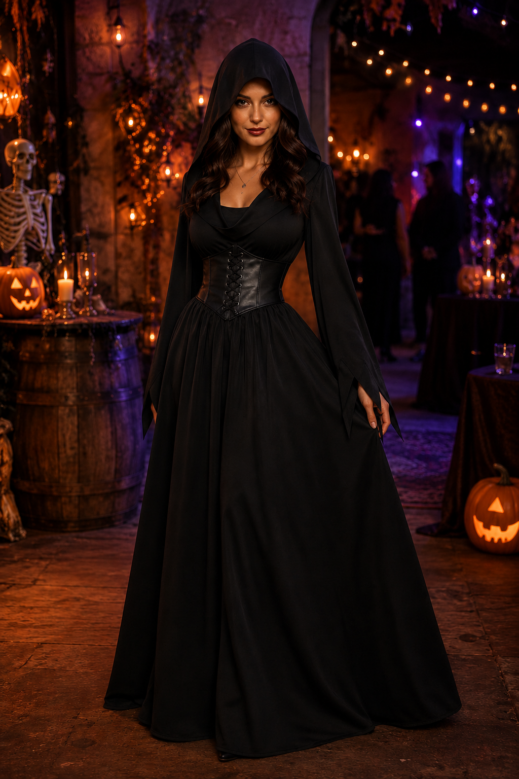 Women's Black Vampire Costume Hooded Lace Up – Halloween Masquerade