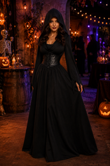 Women's Black Vampire Costume Hooded Lace Up – Halloween Masquerade