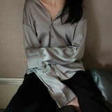Women's Blouse Long Sleeve Button Front Dropped Shoulder – Workday Meeting