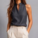Women’s Blouse Mandarin Collar V-Slit Neckline Sleeveless – Client Meetings