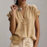 Women's Blouse Ruffle Sleeve V Neck Textured Front – Daytime Picnic