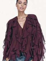 Women's Blouse Sheer Ruffle Trim Button Front Long Sleeve – Going Out