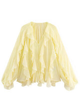 Women's Blouse Sheer Ruffle Trim Button Front Long Sleeve – Going Out