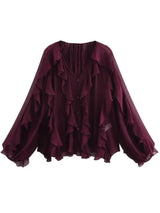 Women's Blouse Sheer Ruffle Trim Button Front Long Sleeve – Going Out