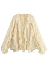 Women's Blouse Sheer Ruffle Trim Button Front Long Sleeve – Going Out