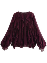 Women's Blouse Sheer Ruffle Trim Button Front Long Sleeve – Going Out