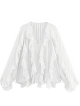 Women's Blouse Sheer Ruffle Trim Button Front Long Sleeve – Going Out