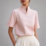Women's Blouse Stand Collar V Cut Short Sleeve – Workday Meeting