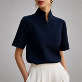 Women's Blouse Stand Collar V Cut Short Sleeve – Workday Meeting