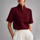 Women's Blouse Stand Collar V Cut Short Sleeve – Workday Meeting