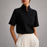 Women's Blouse Stand Collar V Cut Short Sleeve – Workday Meeting