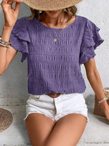 Women's Blouse Textured Ruffle Sleeve Crew Neck – Beach Vacation Casual Day