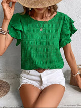 Women's Blouse Textured Ruffle Sleeve Crew Neck – Beach Vacation Casual Day