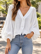 Women’s Blouse V-Neck Button Front Balloon Sleeves – Networking Lunches