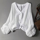 Women’s Blouse V-Neck Button Front Balloon Sleeves – Networking Lunches
