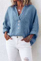 Women's Blouse V Neck Chest Pocket Partial Button Front – Weekend Market