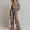 Women's Boho Paisley Print Two-Piece Set Wide Leg Collared – Beach Vacation