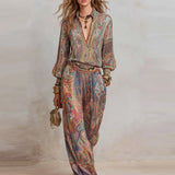 Women's Boho Paisley Print Two-Piece Set Wide Leg Collared – Beach Vacation