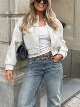 Women's Bomber Jacket Cropped Snap Button Ribbed – Outdoor Party