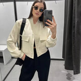 Women's Bomber Jacket Cropped Stand Collar Button Front – Hang Out