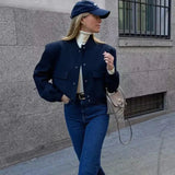 Women's Bomber Jacket Cropped Stand Collar Button Front – Hang Out